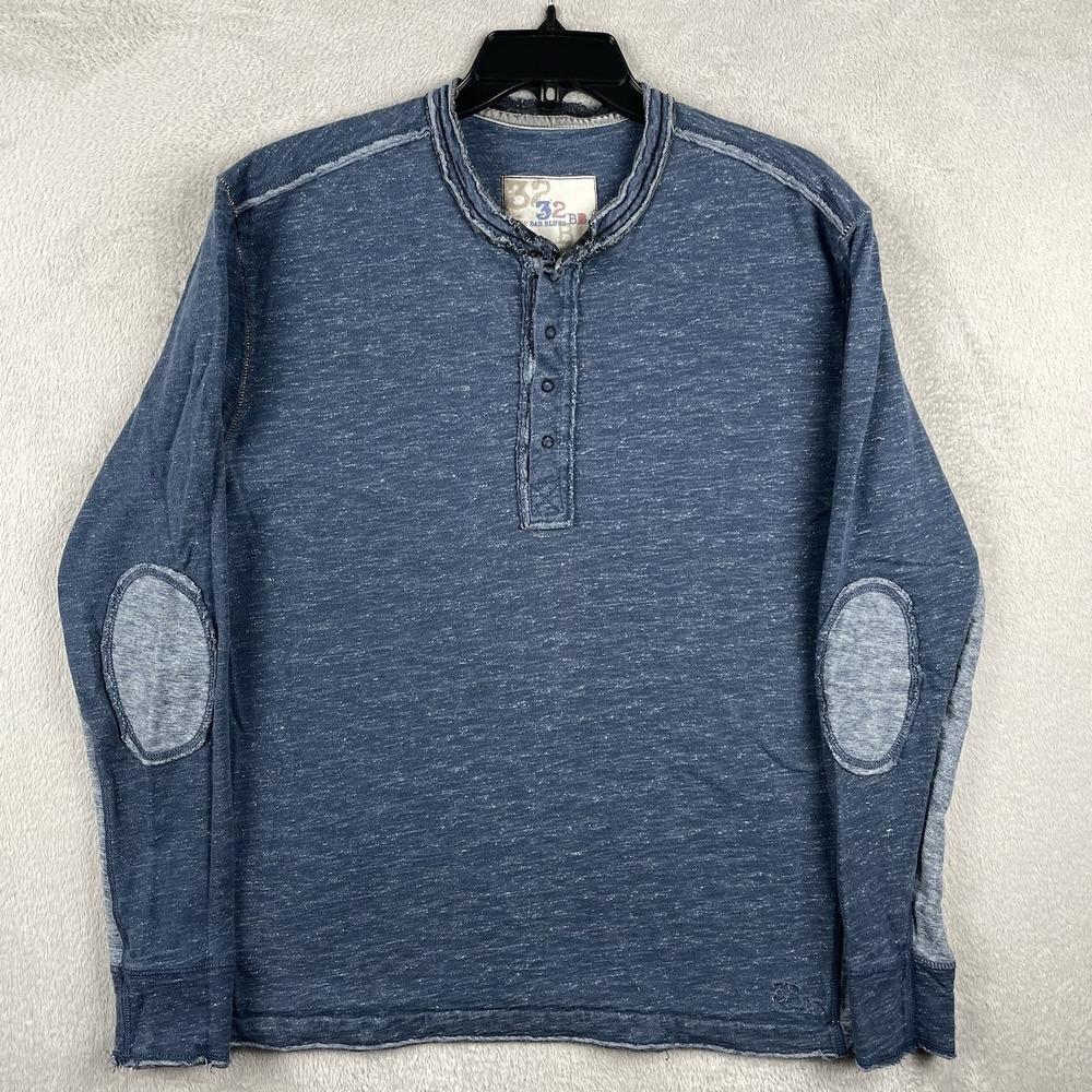 32 Bar Blues Henley Shirt Mens Medium Heather Blue Elbow Patches Long Sleeve